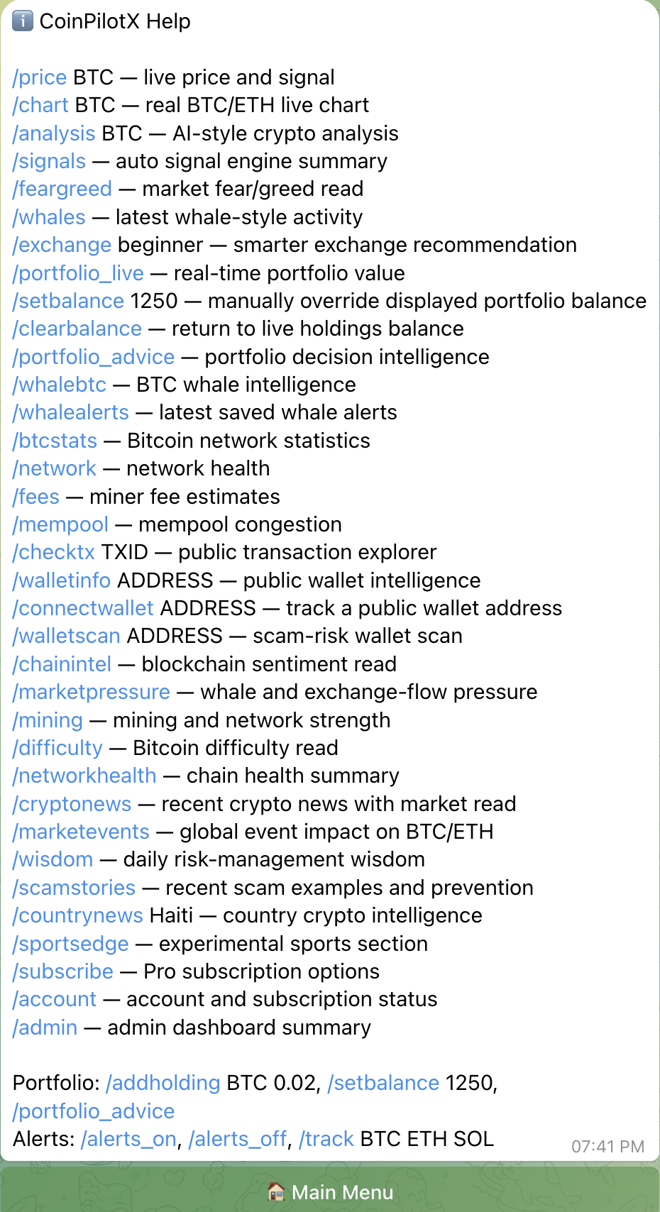 CoinPilotX help command screenshot