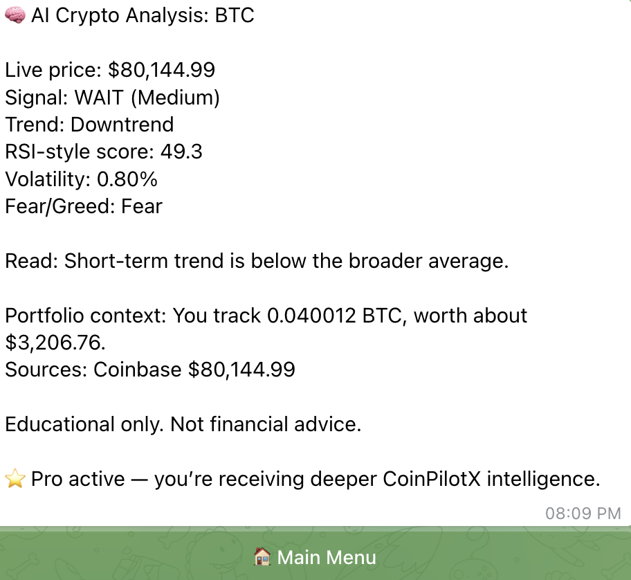 CoinPilotX AI market analysis screenshot
