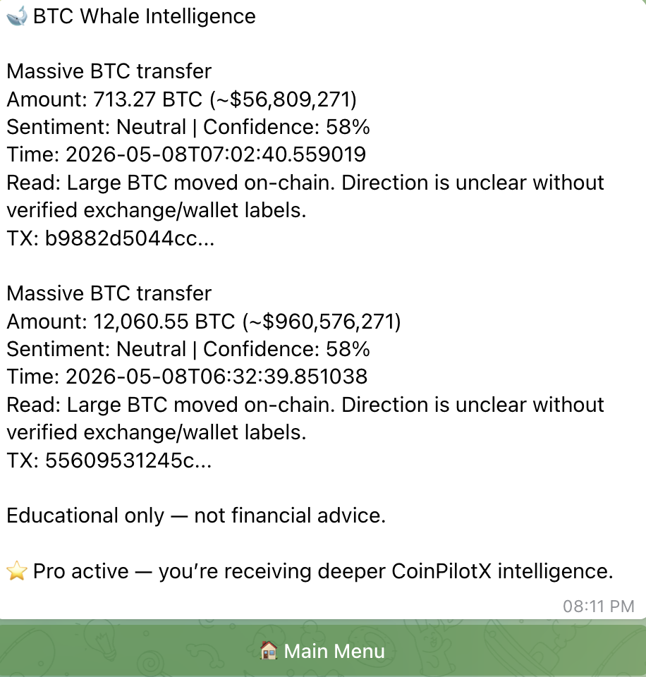 CoinPilotX whale intelligence screenshot